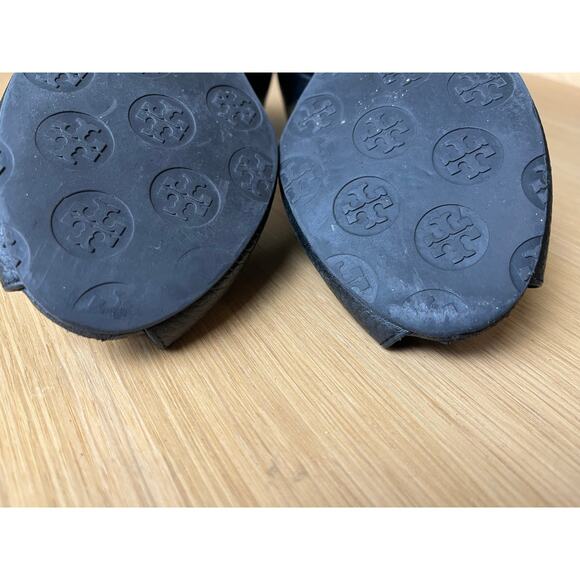 Tory Burch | Size 7 Peep Toe Black Leather Wedges Sally Heels - Picture 5 of 7